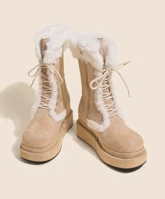 2025 New Round Head Middle Tube Lace-up Boot Skin Hair Integrated Snow Boot Thickened Plus Velvet Warm Mid-calf Knight Boot