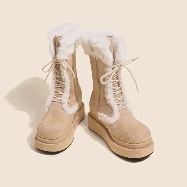 2025 New Round Head Middle Tube Lace-up Boot Skin Hair Integrated Snow Boot Thickened Plus Velvet Warm Mid-calf Knight Boot