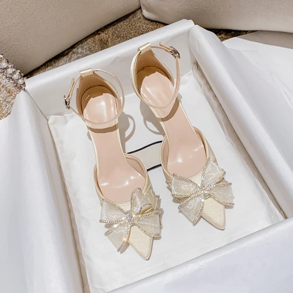 2025 New Hollow a Word with Rhinestone butterfly Wedding Shoes Fine Heel Pointed Head Baotou Fashion High-heeled Female Sandals - Image 4