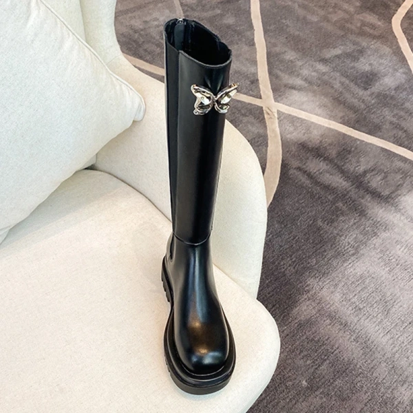 2025 Autumn and Winter Fashion Simple Bow Not Over the Knee Knee High Tube Knight Boot Round Toe Chunky Heel Long Boot - Image 4