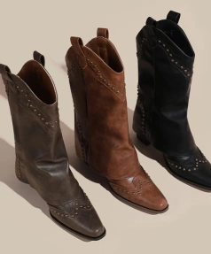 2025 Fall and Winter New Retro Western Cowboy Boot Pointy Head Thick Heel Thick Bottom Short Boot Women's Casual Knight Boot