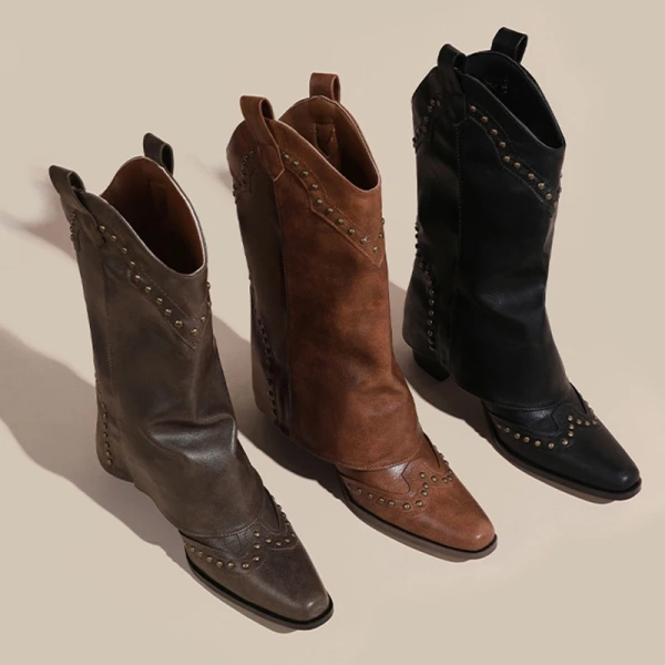 2025 Fall and Winter New Retro Western Cowboy Boot Pointy Head Thick Heel Thick Bottom Short Boot Women's Casual Knight Boot