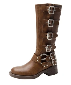 2025 Fall Winter New Retro Fashion Unique Belt Buckle Thick Heel Thick Bottom Cowboy Boot Height Increasing Waterproof Feature