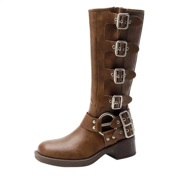 2025 Fall Winter New Retro Fashion Unique Belt Buckle Thick Heel Thick Bottom Cowboy Boot Height Increasing Waterproof Feature