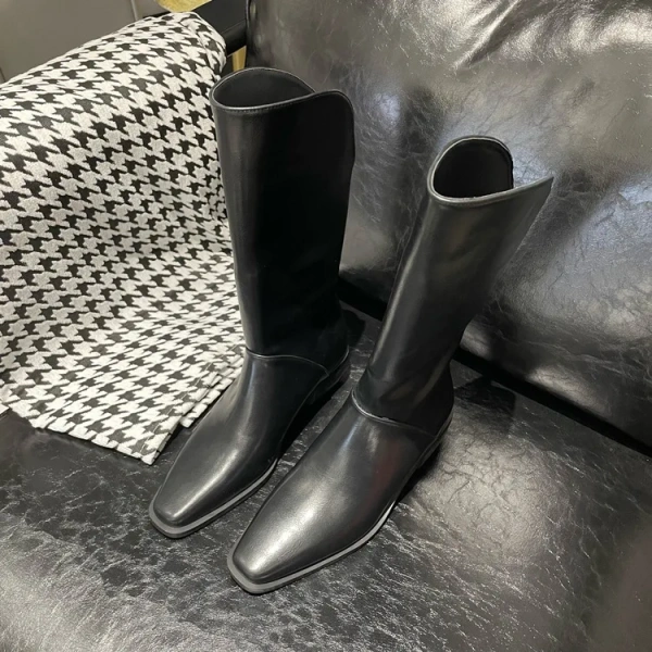 2025 Fashion Retro High Advanced Feeling Middle Tube Knight Boot Genuine  Leather Fangtou Chunky Heel Western Cowboy Boot - Image 3