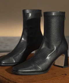 2025 New Fashion Simple Thick Heel Square Head Short Boot with Velvet Elastic Force Waterproof Upper Back High-Heel Boot