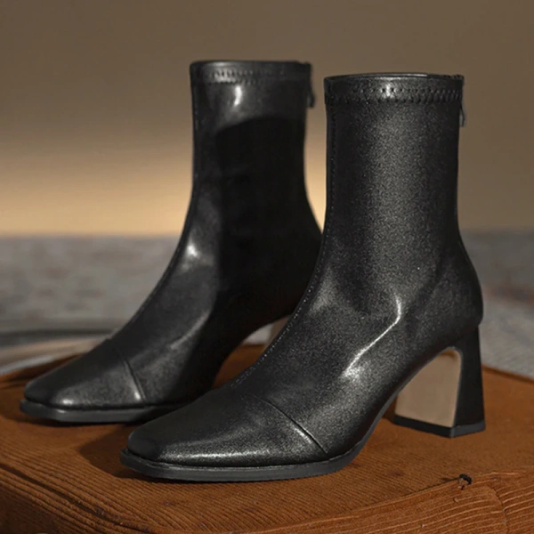 2025 New Fashion Simple Thick Heel Square Head Short Boot with Velvet Elastic Force Waterproof Upper Back High-Heel Boot