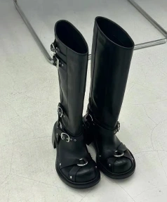 2025 New Fashionable Simple Round Head Genuine Leather Coarse Heel Long BootsRetro Low Key Sexy Party Club Commuter Tall Boot