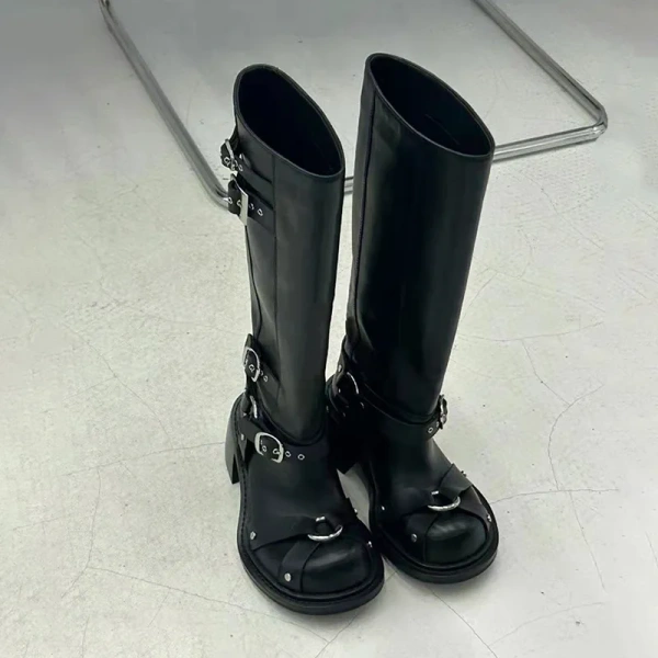 2025 New Fashionable Simple Round Head Genuine Leather Coarse Heel Long BootsRetro Low Key Sexy Party Club Commuter Tall Boot