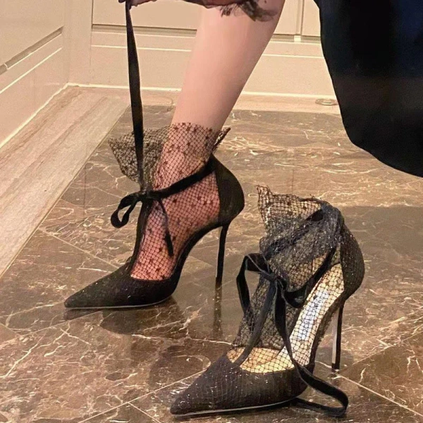 Fashion Sexy Breathable Lace Mesh Gauze High Heels Pointed Shallow Mouth Strap Straps Heels Sandals Baotou Bow Women's Shoes - Image 2