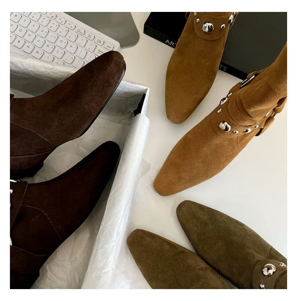 2024New Retro Rivet Wide Tube Western Cowboy Boots Pointed, Slim and Short Boots Short Tube Stacking Boots for Women Flat Bottom - Image 5
