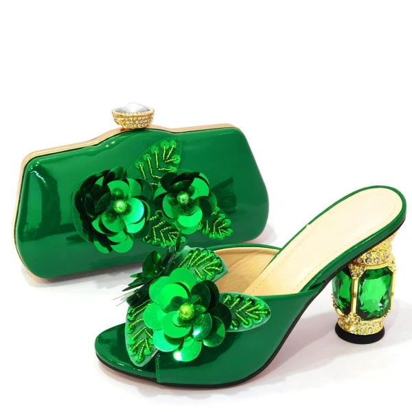 New European and American Summer Wedding Ball Party Shoe Bag Set Flower Style High Quality Bridal Dress Coarse Heels High Heels - Image 3