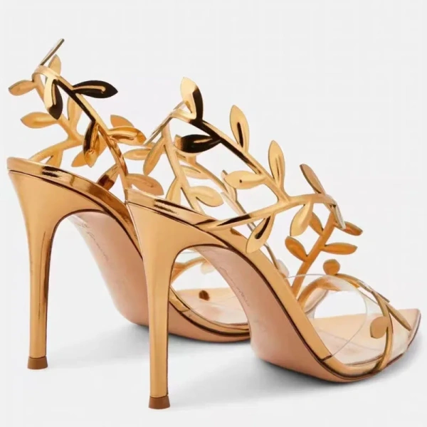 New Fashionable Elegant Temperament Gold High Heels Metal Patent Leather Leaf Thin Heels Pointed Toe Sandals with Exposed Toes - Image 4