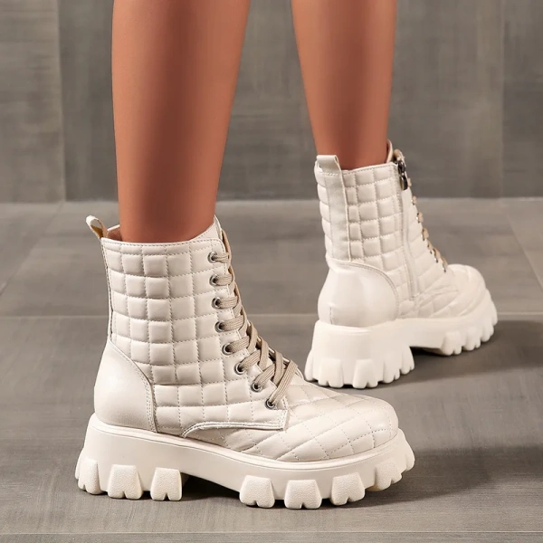 2025 Autumn Winter Women's Fashion Ankle Boots Thick Bottom Lacing Sexy Metal Zipper Plaid Chunky Heel Waterproof Casual Shoes - Image 5