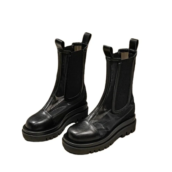 2025 Winter New Yicheng Boots Leather Mesh chelsea Sexy Casual Outdoor Round Toe Chunky High Heel Platform Korean Ankle Boots
