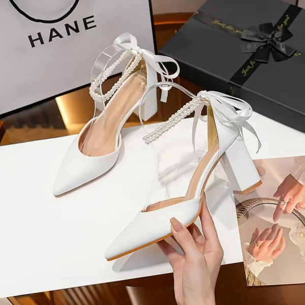 Women's Summer Fashion Sandals with Pointed Shallow Heels Height Increasing Soft Sexy Pearl Word Design - Image 4