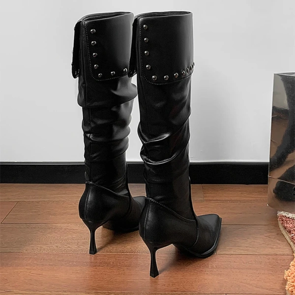 2025 New Fashions Personality Rivets High-heeled Knight Boot Soft Comfortable Women's Boot Pointed Fine High-heeled Long Boot - Image 3