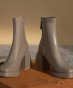 2025 New Fashion Sweet Sexy Thick Heel Fangtou Short Boot Soft Warm Add Velvet Knight Boot Back Zipper Elastic Force Boot