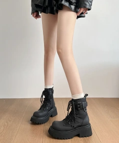 Autumn Winter New Fashionable Retro Round Toe Lace up Middle Heel Short Boot Belt Buckle Thick Heel Thick Bottom Motorcycle Boot
