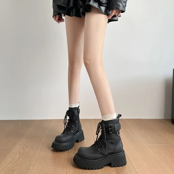 Autumn Winter New Fashionable Retro Round Toe Lace up Middle Heel Short Boot Belt Buckle Thick Heel Thick Bottom Motorcycle Boot