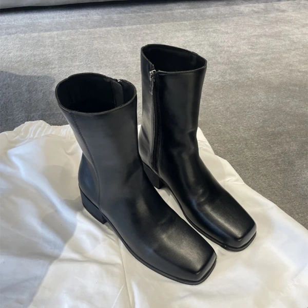 2025 Fall and Winter New Fashion Unique square Head Thick Heel Side Zipper Chelsea Boot Genuine Leather Thick Bottom Short Boot - Image 3