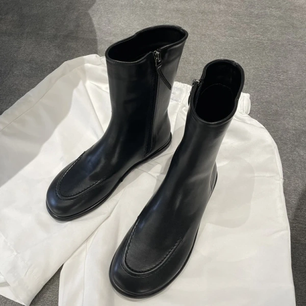 2025 Fall Winter New Fashion Retro Side Zipper Middle Tube Boot Soft and Comfortable Flat Bottomed Genuine Leather Short Boot