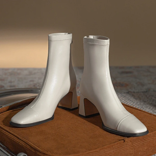 2025 New Fashion Simple Thick Heel Square Head Short Boot with Velvet Elastic Force Waterproof Upper Back High-Heel Boot - Image 6