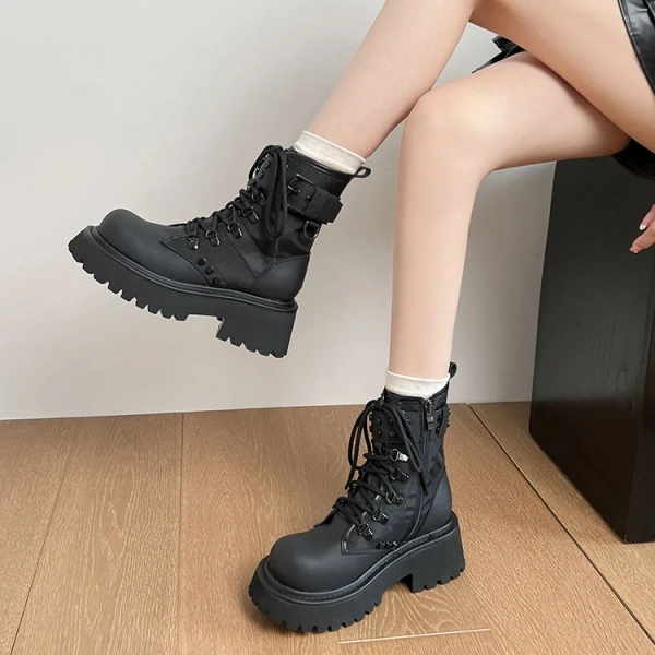 Autumn Winter New Fashionable Retro Round Toe Lace up Middle Heel Short Boot Belt Buckle Thick Heel Thick Bottom Motorcycle Boot - Image 5