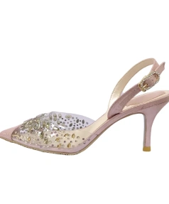 2025 Fashionable Transparent Rhinestones Pointed Shallow Mouth Slim Heeled Sandals Baotou Toe One Word Strap High-heeled Shoes