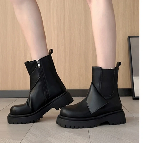 2025 New Fashionable Retro Round Head Thick Bottom Thick Heel Chelsea Short Boot Side Zipper Middle Heel Motorcycle Boot - Image 3