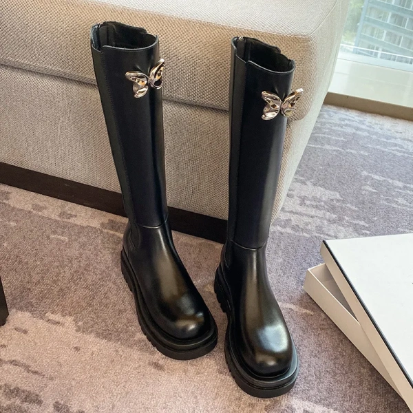 2025 Autumn and Winter Fashion Simple Bow Not Over the Knee Knee High Tube Knight Boot Round Toe Chunky Heel Long Boot - Image 5