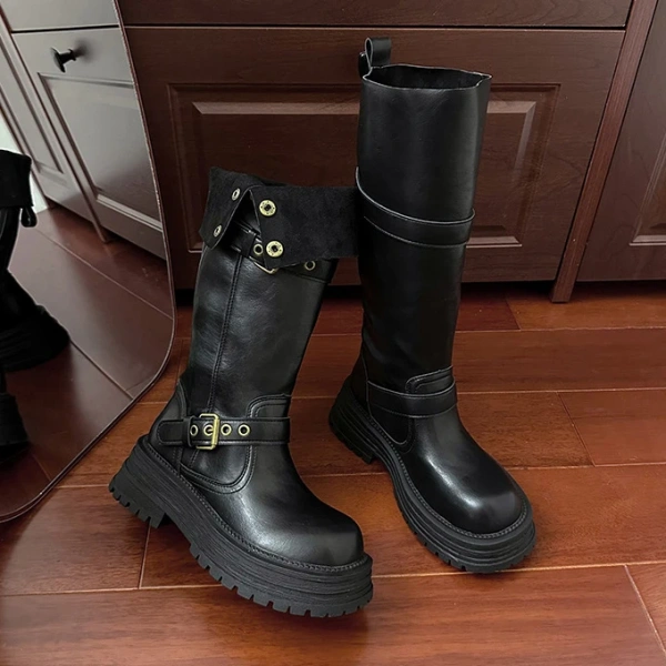 2024Autumn Winter New Fashionable Fold Two Dressed Long Canister Boot Coarse Following Round Toe Thick Bottom Not Knee Long Boot - Image 4