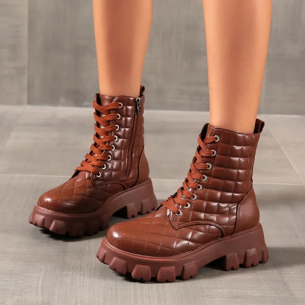 2025 Autumn Winter Women's Fashion Ankle Boots Thick Bottom Lacing Sexy Metal Zipper Plaid Chunky Heel Waterproof Casual Shoes - Image 4