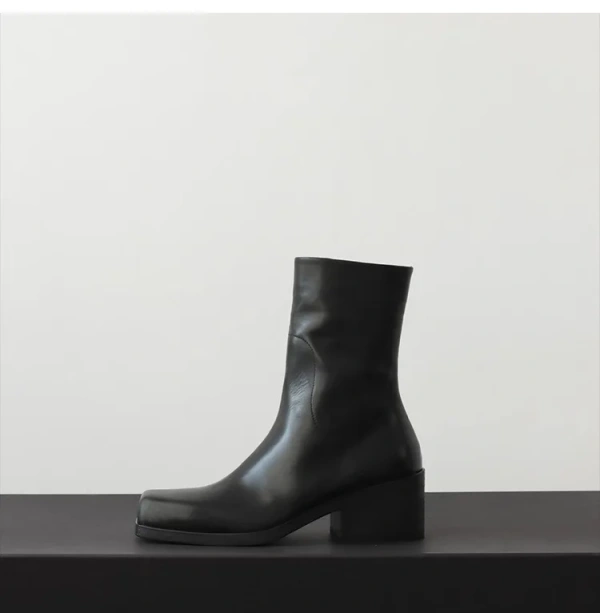 2025 Fashion New Simple Personality square Head Chunky Heel Mid-calf Boots Fashion Retro Really Leather Side Zipper Knight Boots - Image 5