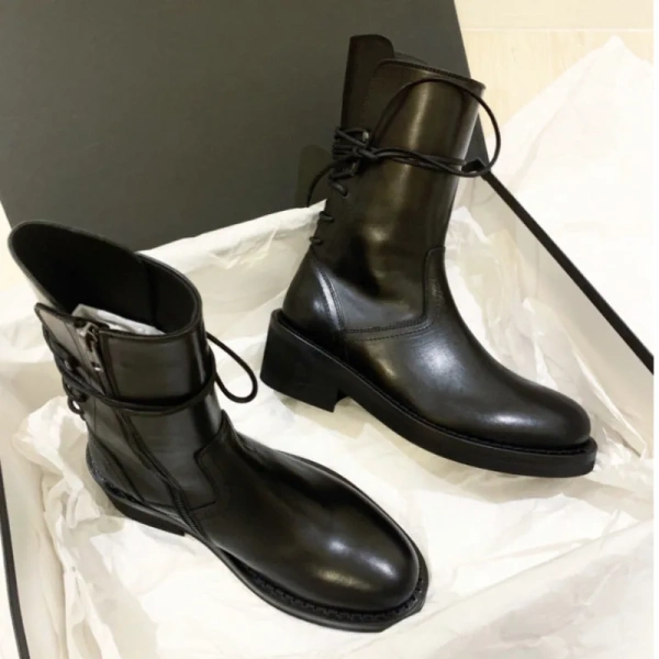 2025 Trend Yicheng Boots Leather Cowhide Lace up Zipper Boots Nightclub Outdoor Round Toe Chunky High Heel Platform Korean Boots - Image 3
