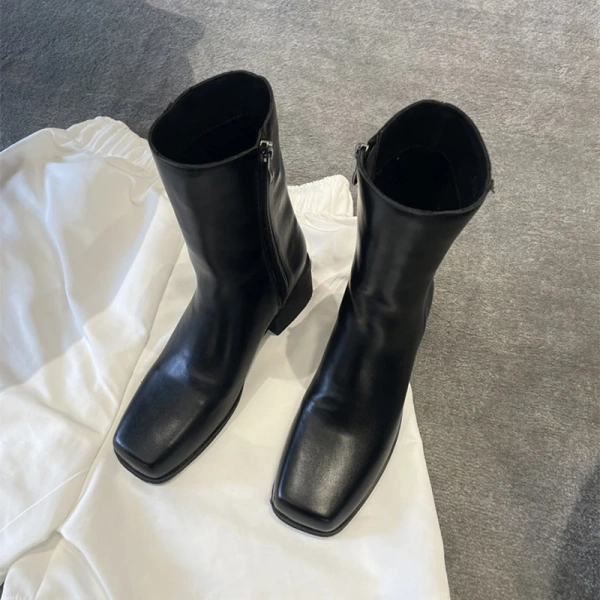 2025 Fall and Winter New Fashion Unique square Head Thick Heel Side Zipper Chelsea Boot Genuine Leather Thick Bottom Short Boot - Image 2