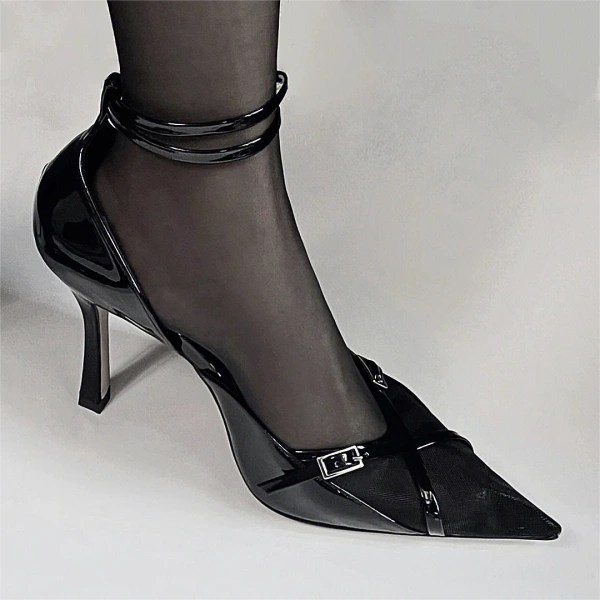 2025 Summer New Fashionable Sexy Black Mesh Gauze Pointed Hollow Fine Heels Versatile Metal One Piece Buckle with High Heels - Image 4
