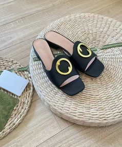 Designer Luxury New slippers Wear Metal Flat-heeled slippers Summer Sandals G Round Buckle Women's Shoes