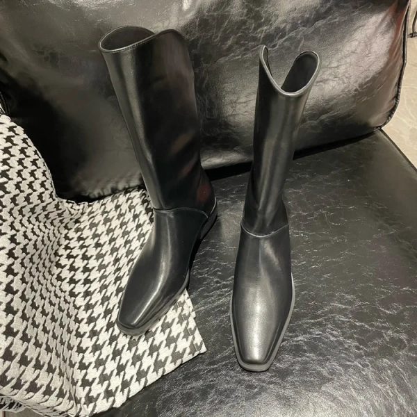 2025 Fashion Retro High Advanced Feeling Middle Tube Knight Boot Genuine  Leather Fangtou Chunky Heel Western Cowboy Boot - Image 2
