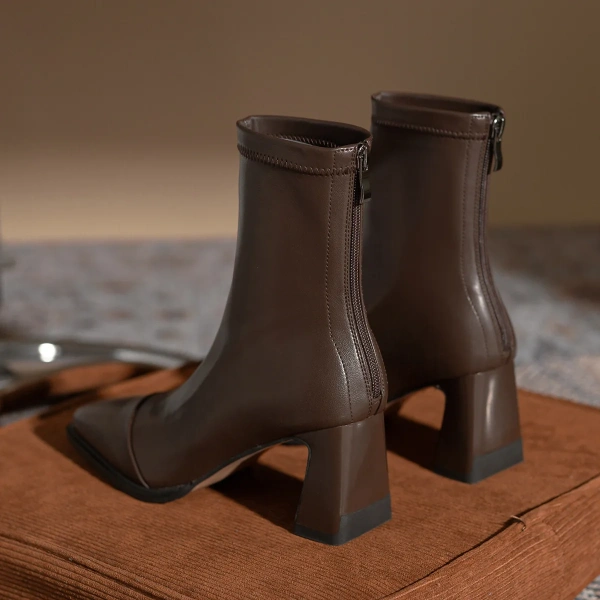 2025 New Fashion Simple Thick Heel Square Head Short Boot with Velvet Elastic Force Waterproof Upper Back High-Heel Boot - Image 3