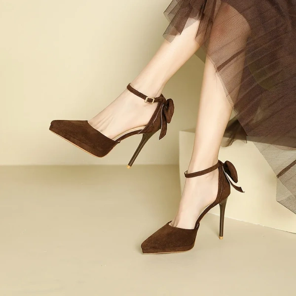 2025 Summer New Fashionable Bow Simple Strap Heels Sexy Pointed Hollow Sandals Party Banquet Style Outdoor Women's High Heels - Image 3