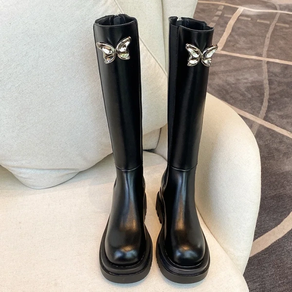 2025 Autumn and Winter Fashion Simple Bow Not Over the Knee Knee High Tube Knight Boot Round Toe Chunky Heel Long Boot - Image 6