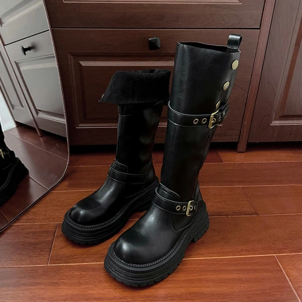 2024Autumn Winter New Fashionable Fold Two Dressed Long Canister Boot Coarse Following Round Toe Thick Bottom Not Knee Long Boot - Image 2