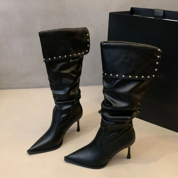 2025 New Fashions Personality Rivets High-heeled Knight Boot Soft Comfortable Women's Boot Pointed Fine High-heeled Long Boot - Image 6