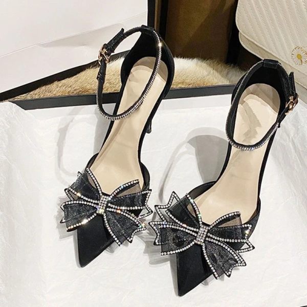 2025 New Hollow a Word with Rhinestone butterfly Wedding Shoes Fine Heel Pointed Head Baotou Fashion High-heeled Female Sandals - Image 3