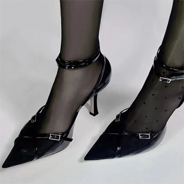 2025 Summer New Fashionable Sexy Black Mesh Gauze Pointed Hollow Fine Heels Versatile Metal One Piece Buckle with High Heels - Image 6