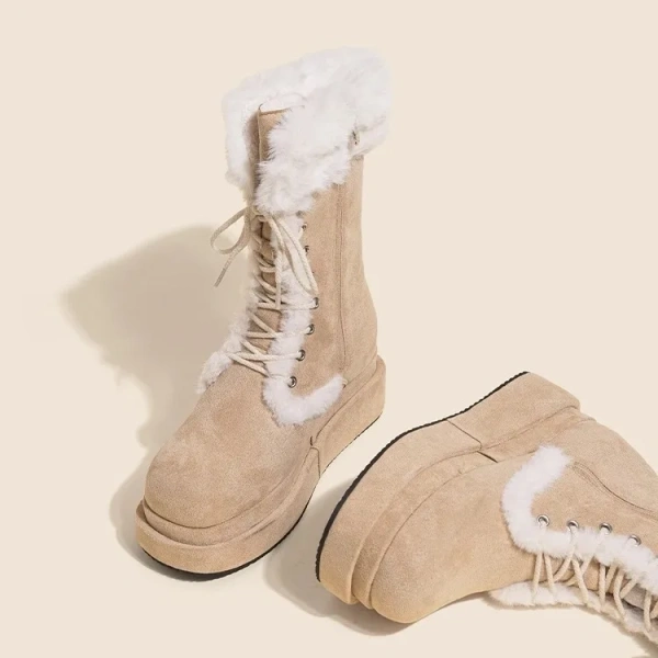 2025 New Round Head Middle Tube Lace-up Boot Skin Hair Integrated Snow Boot Thickened Plus Velvet Warm Mid-calf Knight Boot - Image 4
