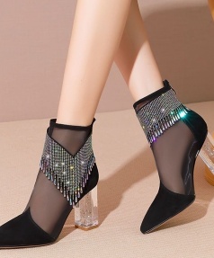 2025 European American Fashion Luxury Rhinestone Mesh Gauze Short Boot Thick Heels Pointed  Hollow Out High-heeled Sandals