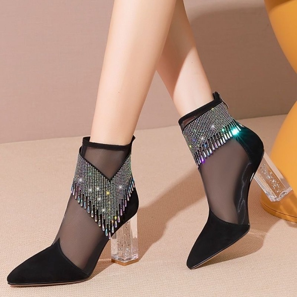 2025 European American Fashion Luxury Rhinestone Mesh Gauze Short Boot Thick Heels Pointed  Hollow Out High-heeled Sandals