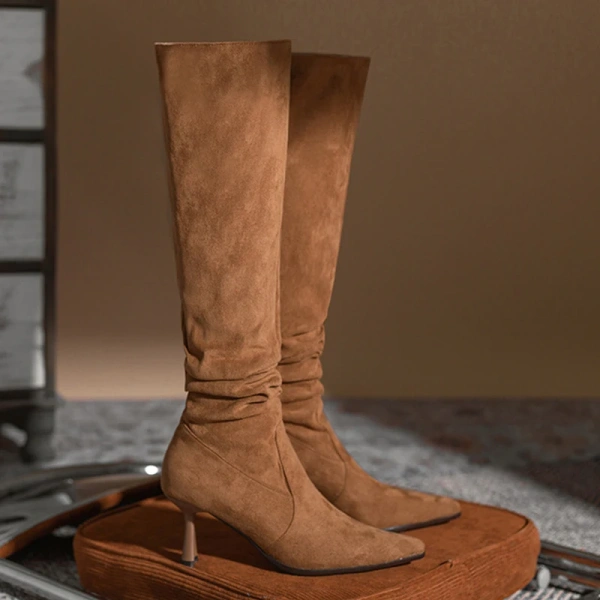 2025 Winter New Warm Add Velvet High Canister Boot Suede Fine High-heeled Long Canister Boot Fashion Simple Women's Long Boot - Image 2